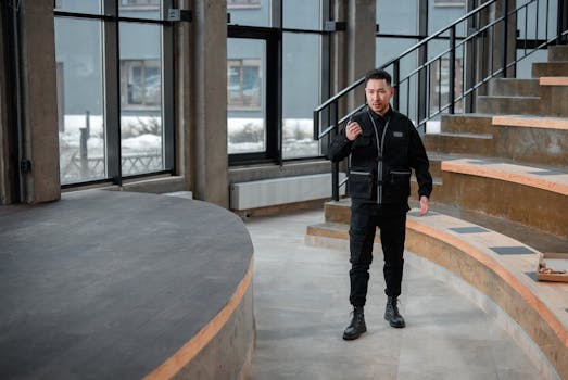 A security personnel performing a walkthrough in a modern indoor amphitheater setting.